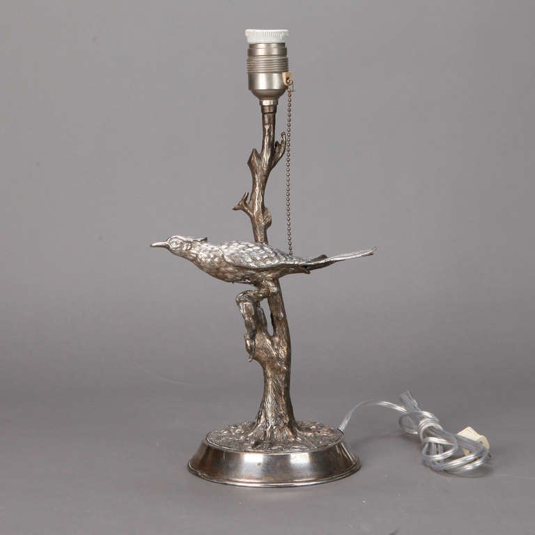 Mid-20th Century Silver Plate Table Lamp with Bird in Tree