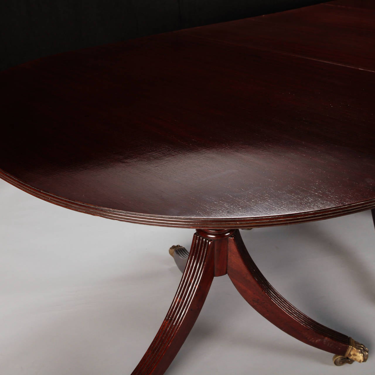 Brass English Antique Mahogany Triple Pedestal Dining Table