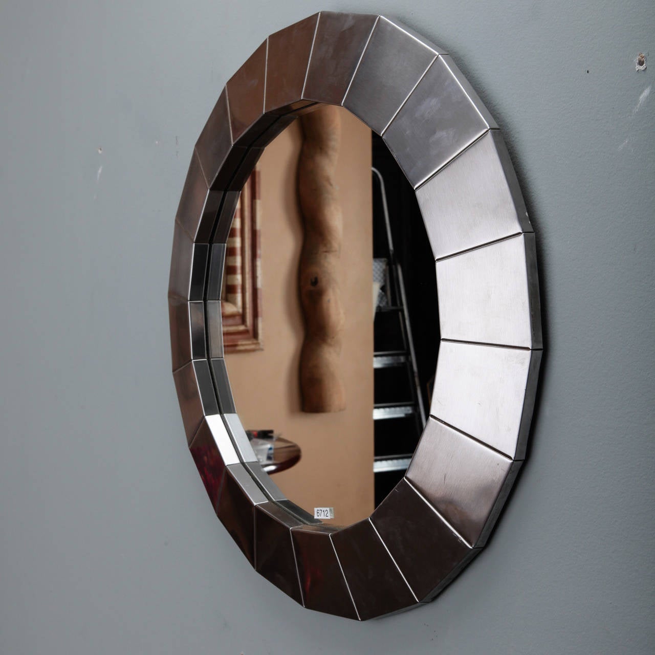 Brushed Silver Metallic Modernistic Round Mirror In Excellent Condition In Troy, MI