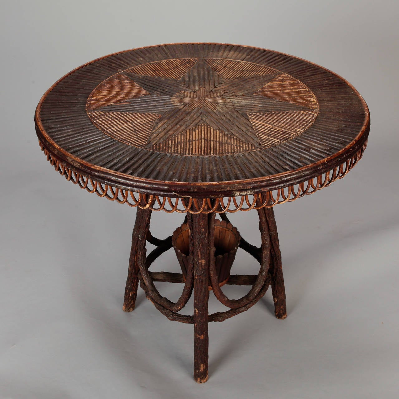 Folk Art French Round Bent Willow Twig Table With Star Design Inlay