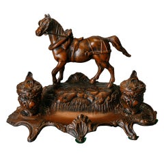 Antique Bronze Colored Sculpted Horse Inkwell