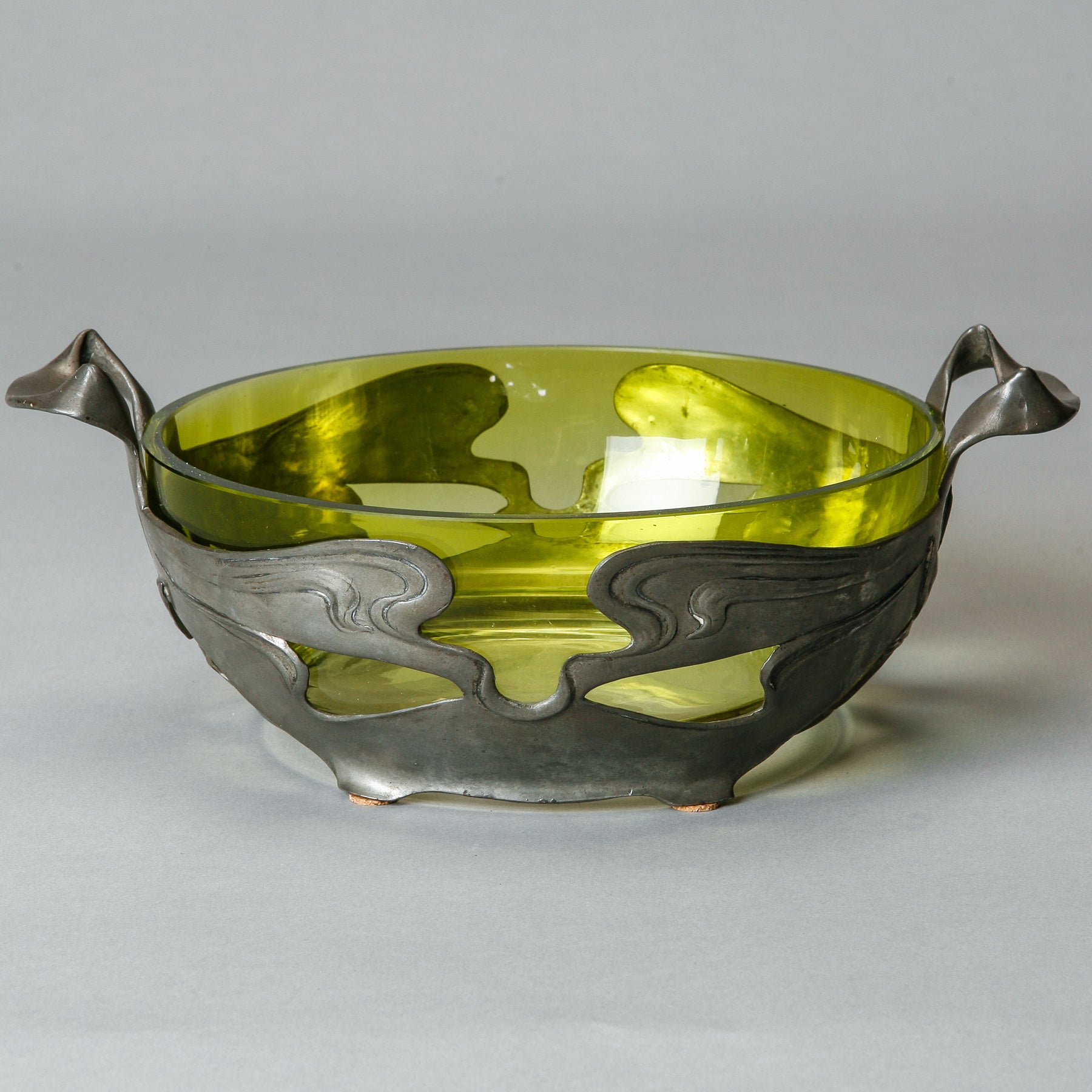 Art Nouveau Green Glass Center Bowl with Pewter Surround 