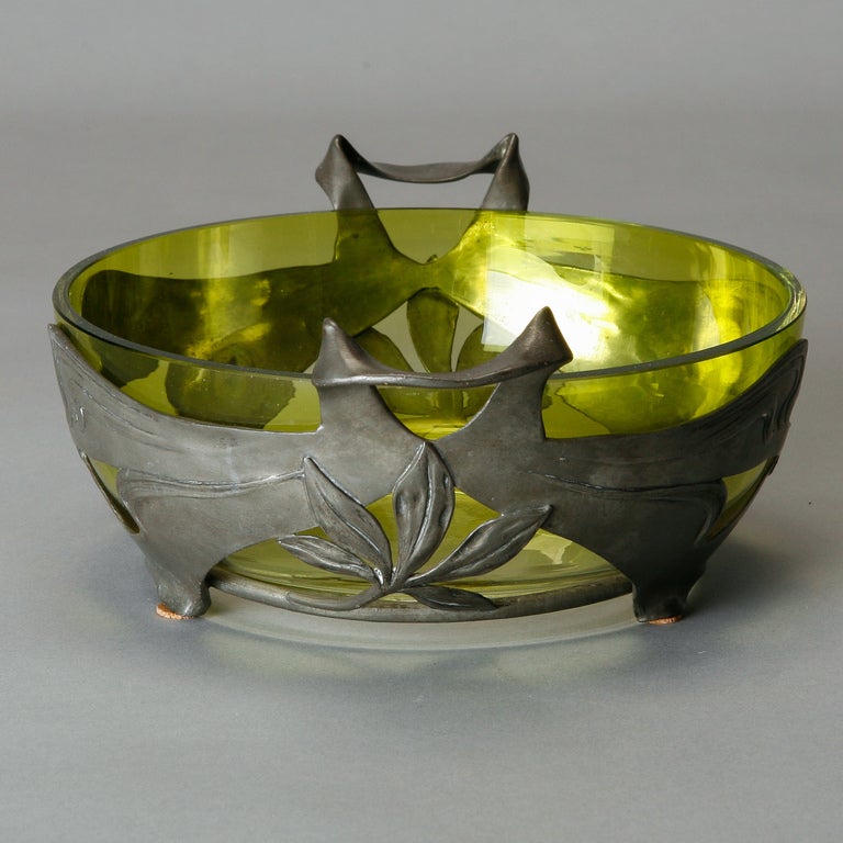 French Art Nouveau Green Glass Center Bowl with Pewter Surround 