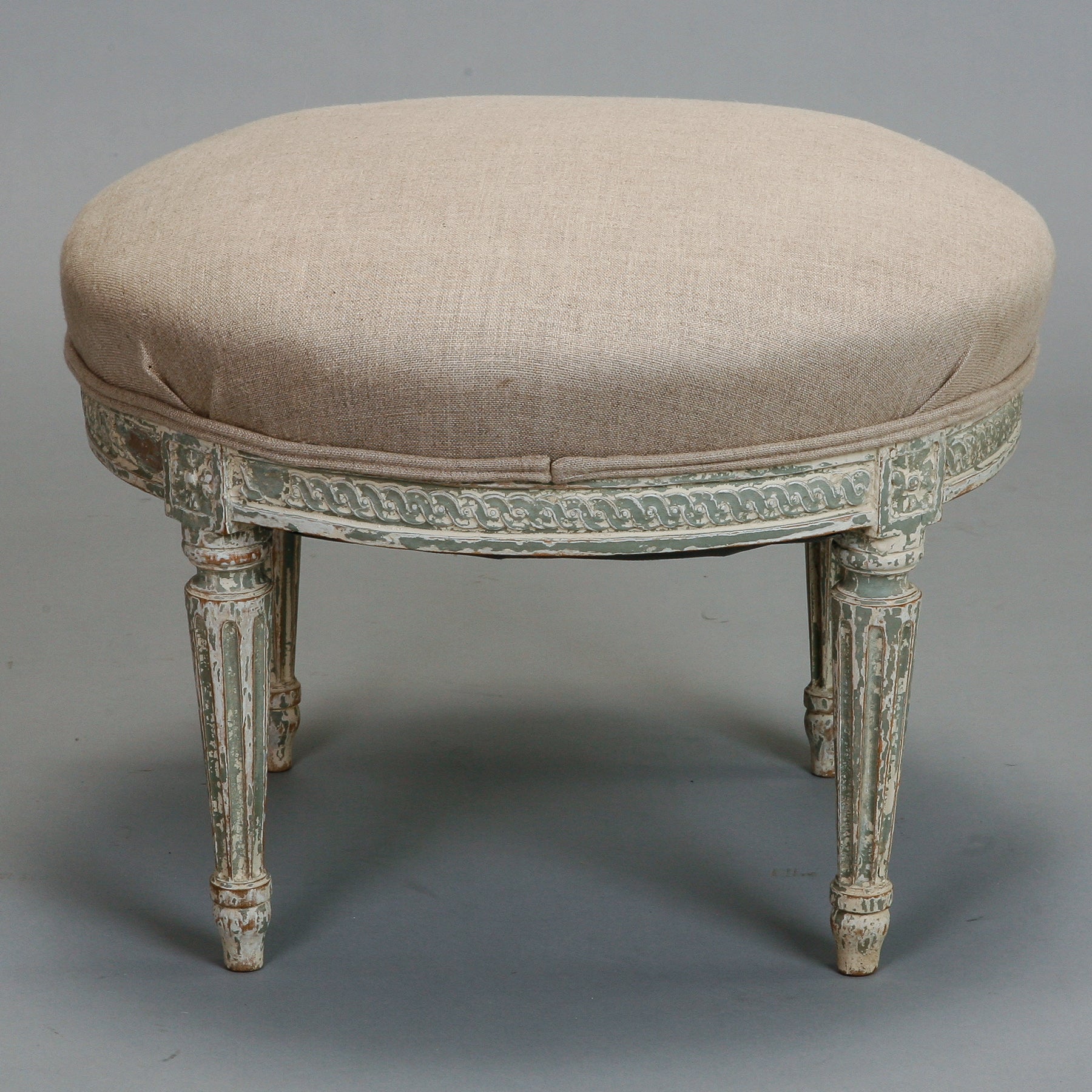 French White Painted Round Upholstered Stool  