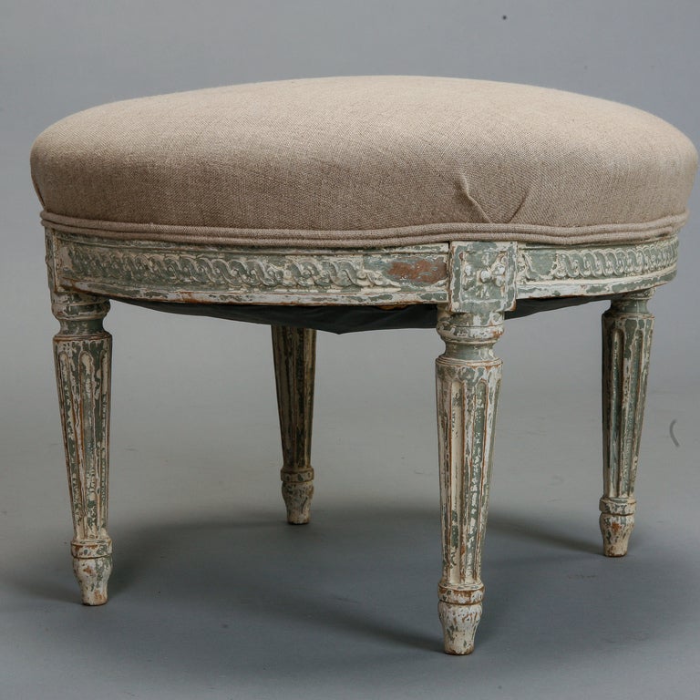 Carved French White Painted Round Upholstered Stool  