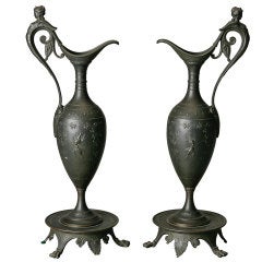 Pair Tall Art Nouveau Spelter Ewers with Nymph Handles