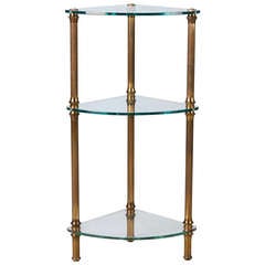 Dreistöckige Eck-Etagere aus Messing und Glas