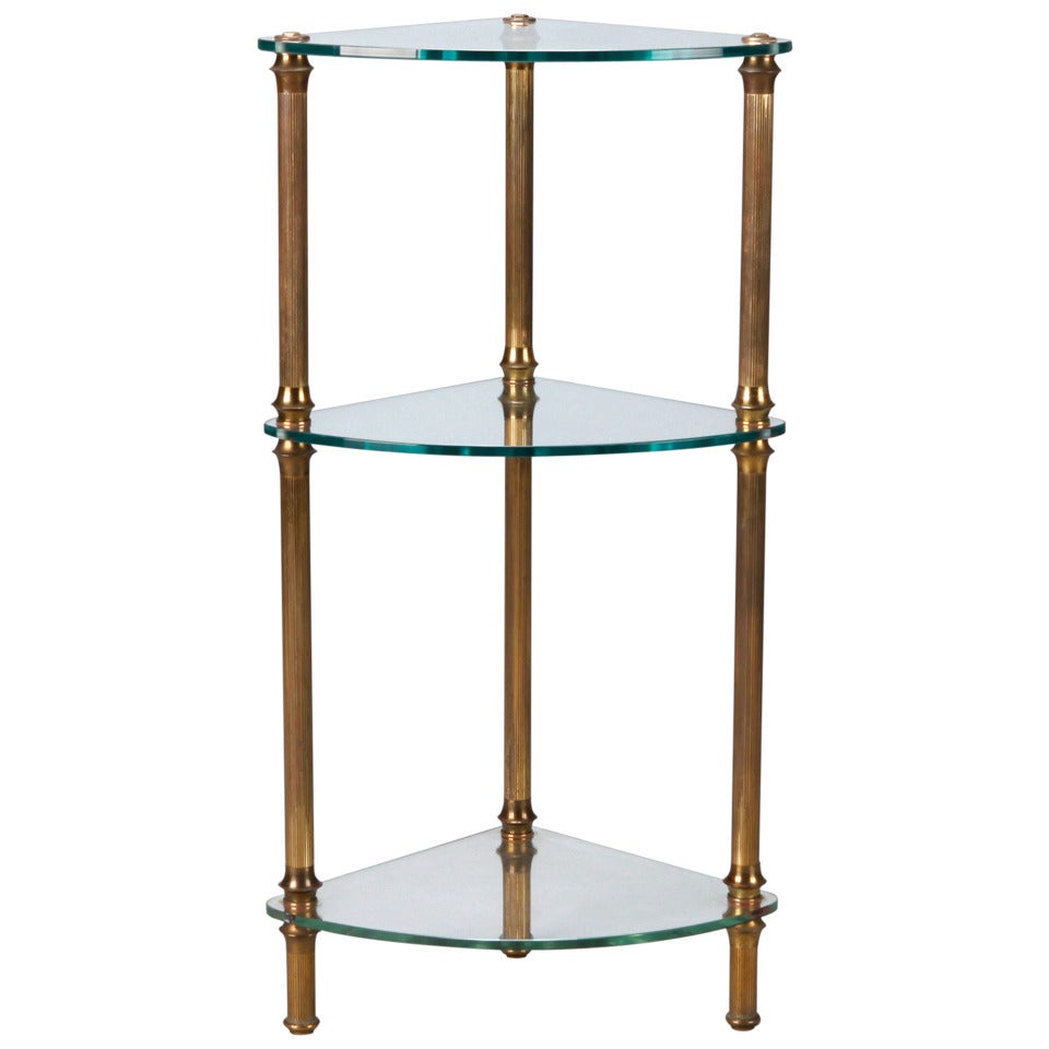 Three Tier Brass and Glass Corner Etagere