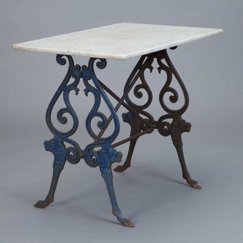 French Blue Iron Base Bistro Table With Marble Top