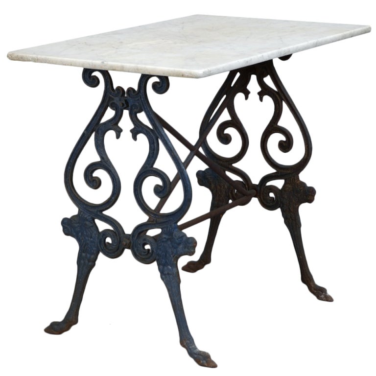 French Blue Iron Base Bistro Table With Marble Top at 1stDibs