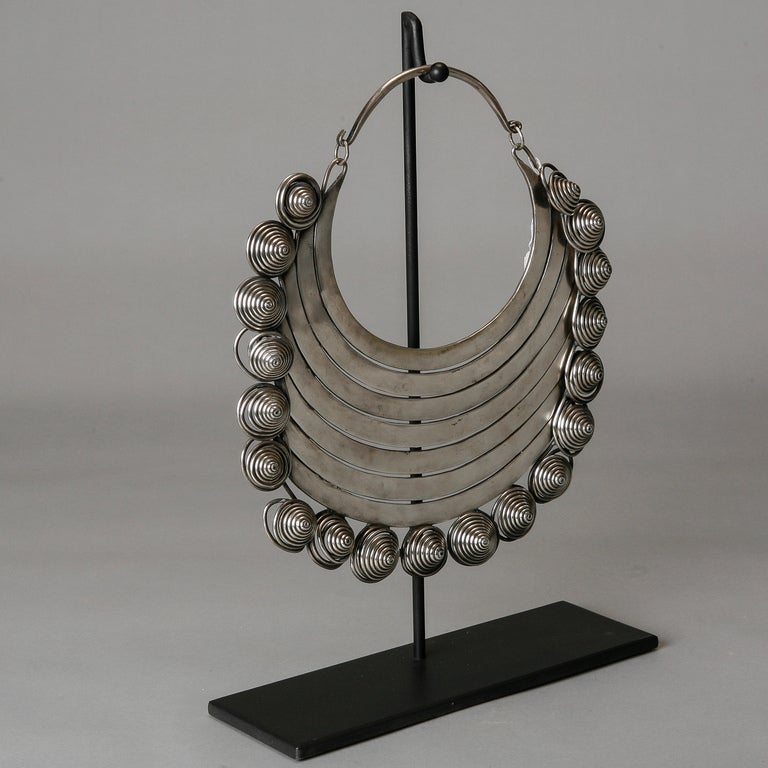 Large African Silver Tone Collar Necklace on Stand