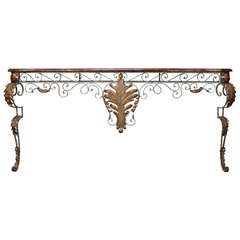 French Long and Narrow Iron and Faux Marble Console