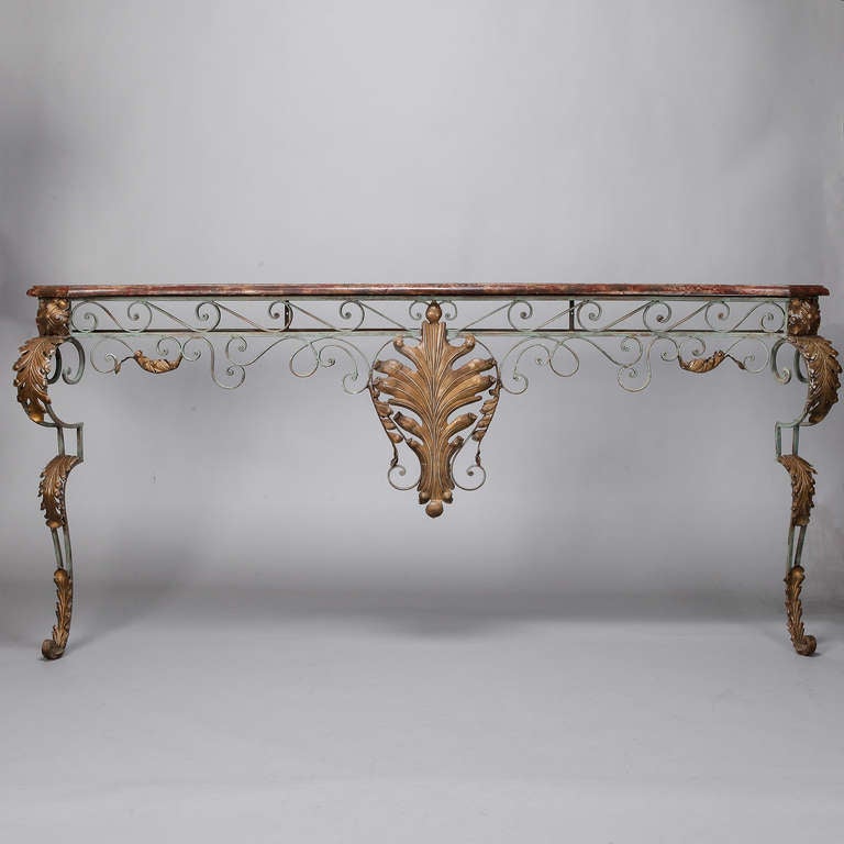 French Long and Narrow Iron and Faux Marble Console