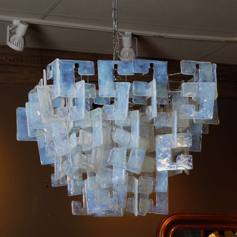 Pair Carlo Nason for Mazzega Opaline Murano Glass Chain Link Chandeliers In Excellent Condition In Troy, MI