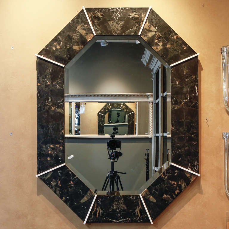 Mid Century Octagonal Mirror with Black Stone Frame