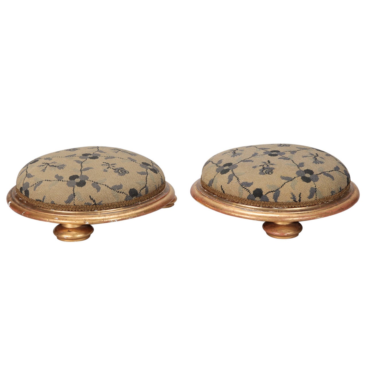 Pair of Small 19th Century Giltwood Foot Stools with Needlework