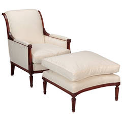 French Mahogany Bergere with Down-Filled Cushion and Coordinating Stool