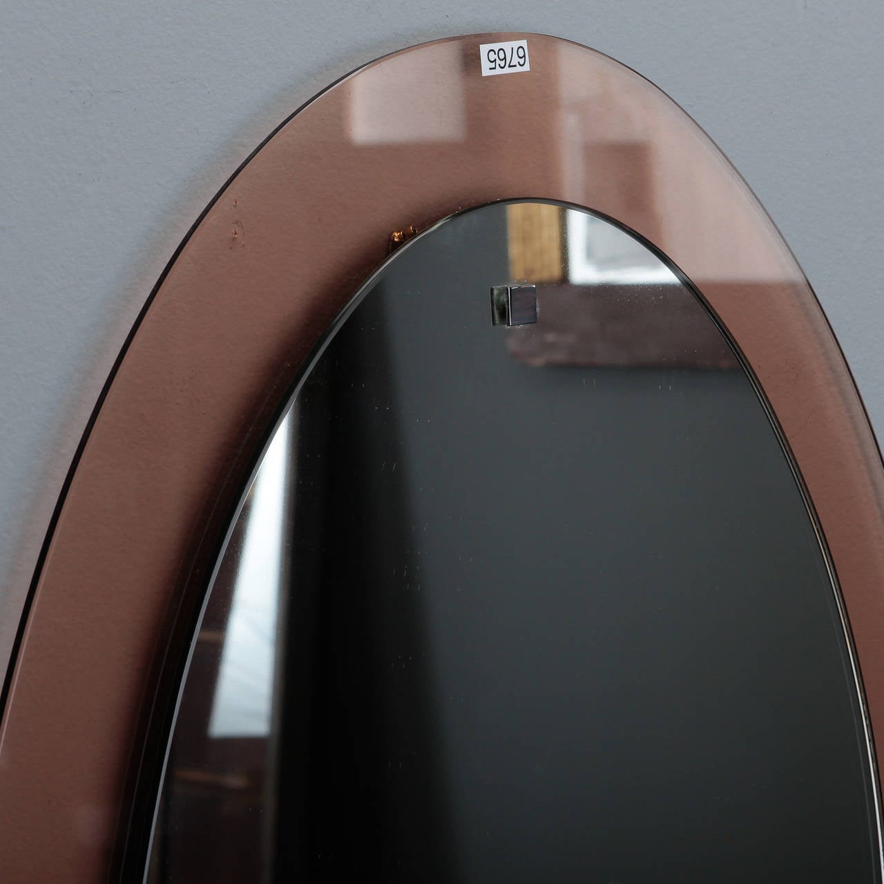 Mid-Century Modern Oval Cristal Art Mirror with Pale Peach Glass Floating Frame