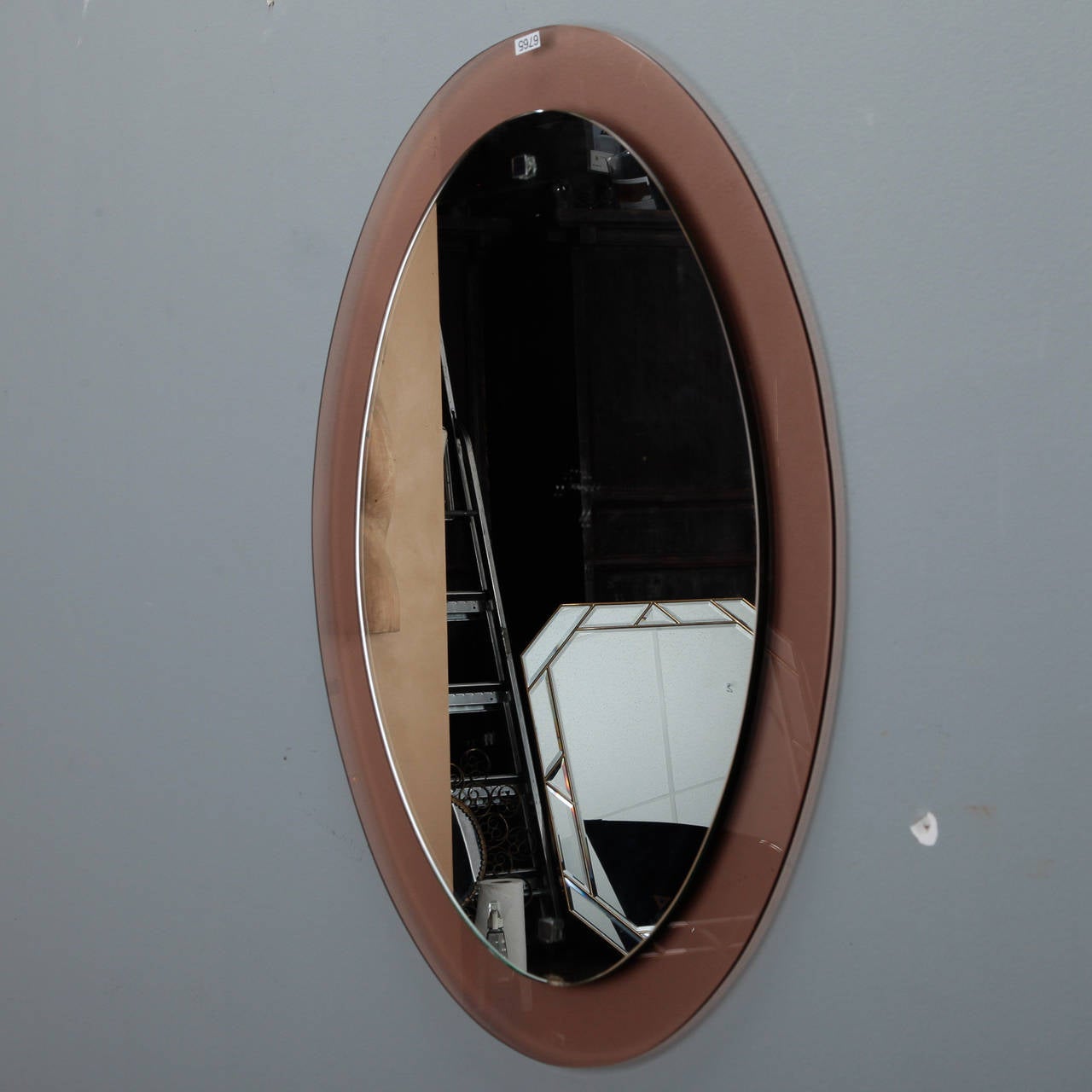 Italian Oval Cristal Art Mirror with Pale Peach Glass Floating Frame