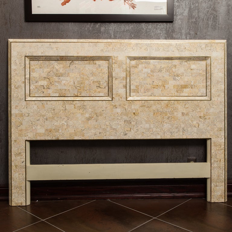 Mid Century Maitland Smith Tesselated Stone and Brass Queen Size Head Board