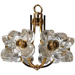 Mid Century Six Light Brass and Murano Glass Chandelier