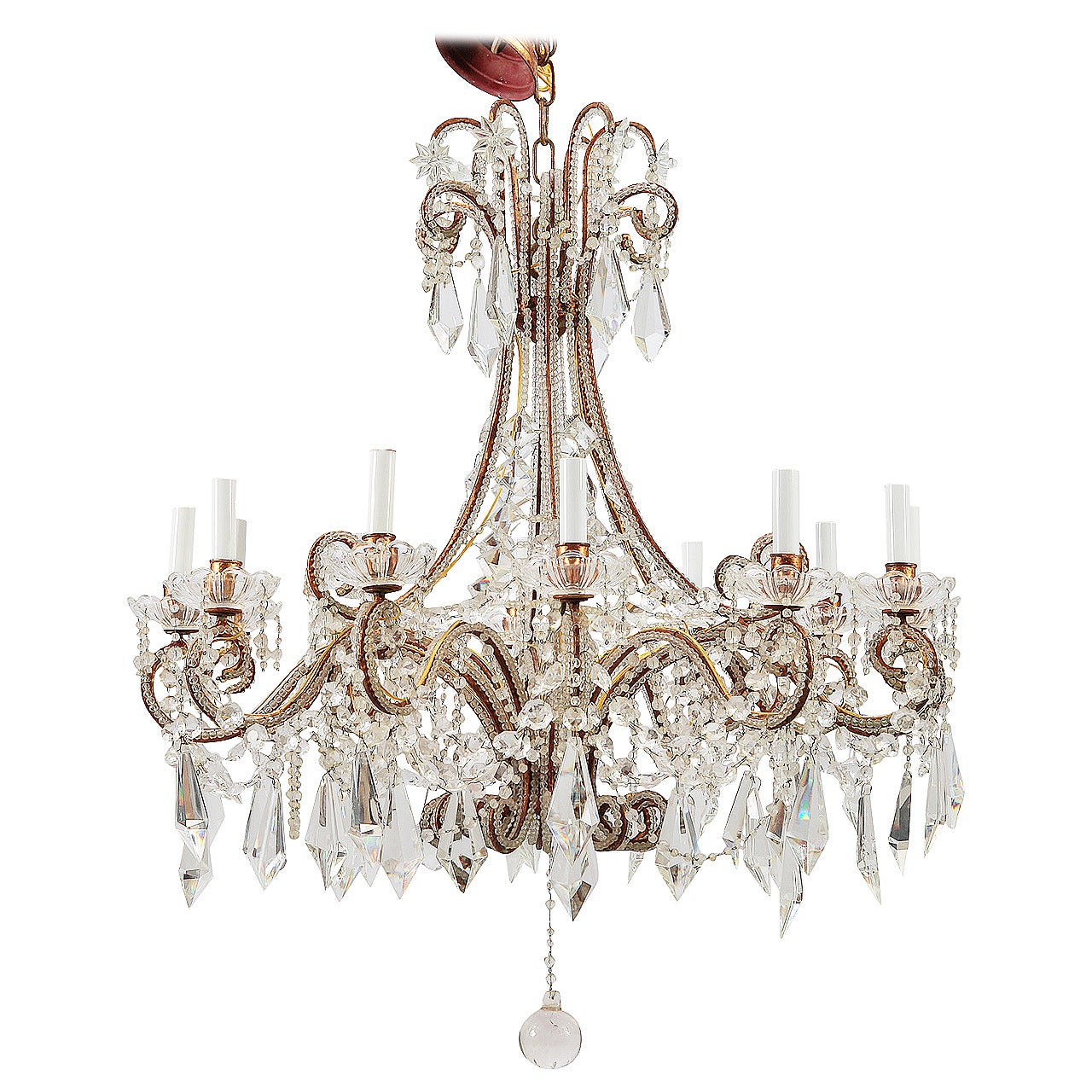 Twelve-Light Italian Crystal Chandelier with Large Drops and Lots of Beading