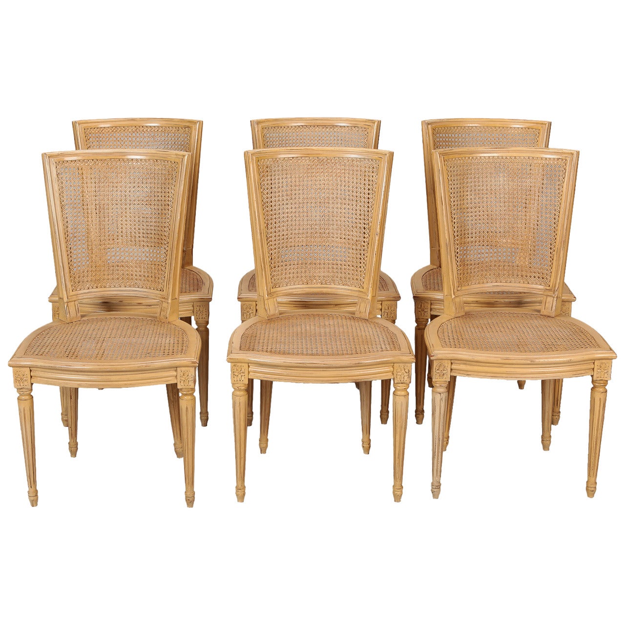 Set of Six French Painted Caned Back Chairs