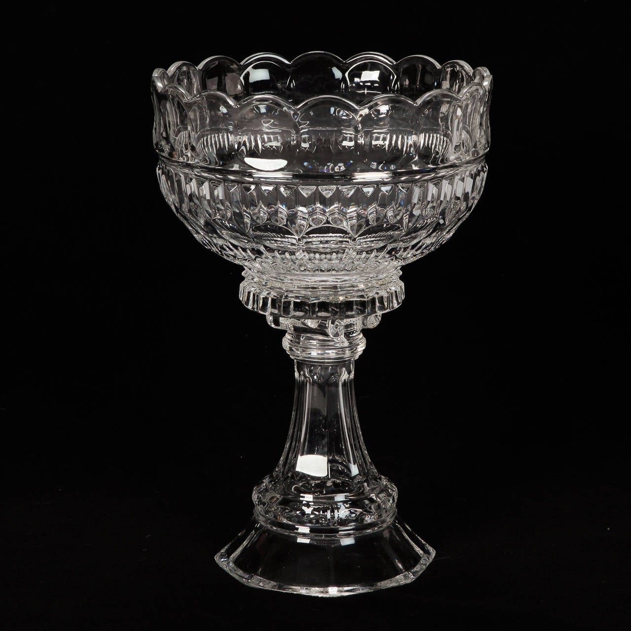 Circa 1930s tall, cut crystal centerpiece bowl found in France. Unknown maker but this is a top quality, heavy piece with beautiful, hand cut details.