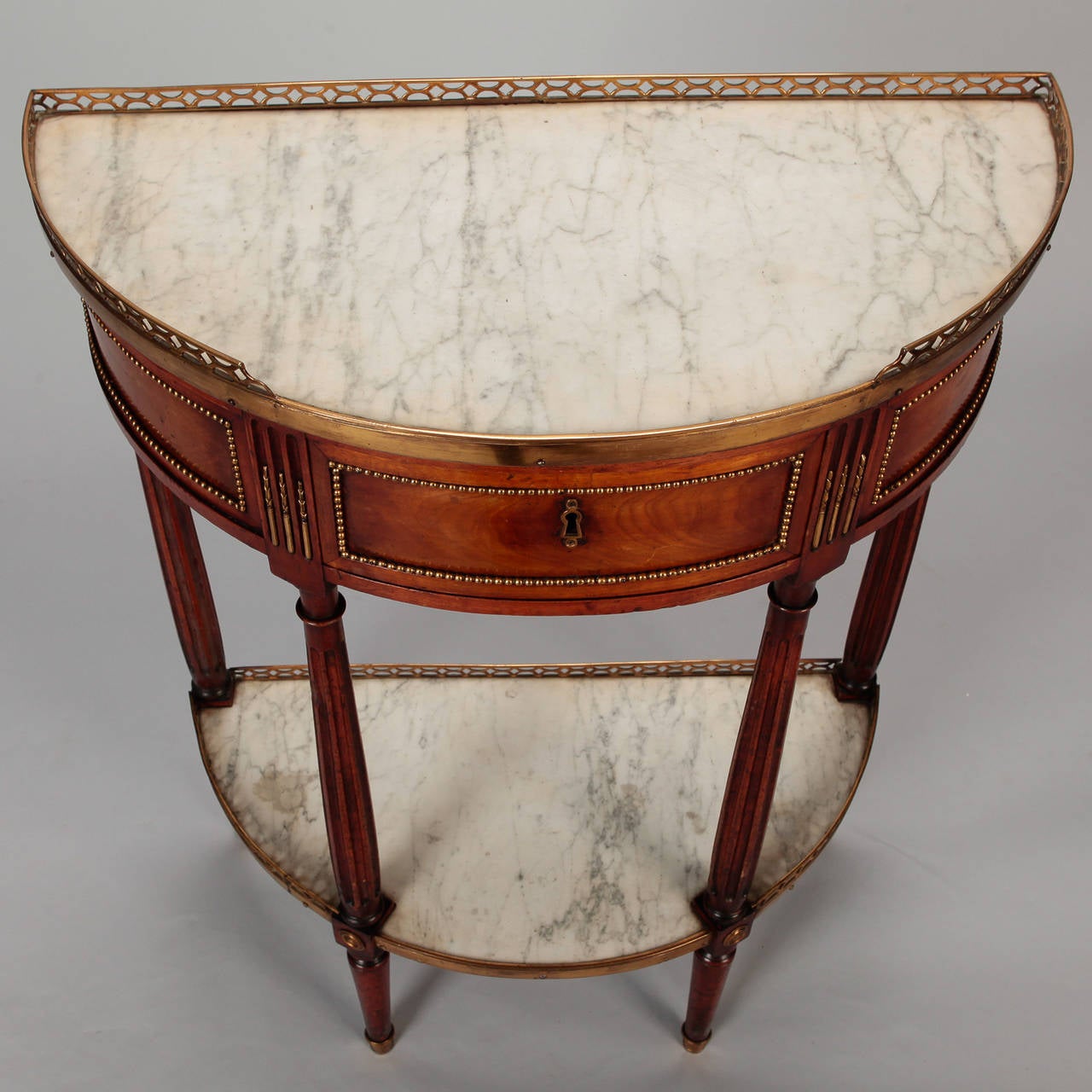 Louis XVI Style Demilune Serving Table with Drawer and White Marble 1