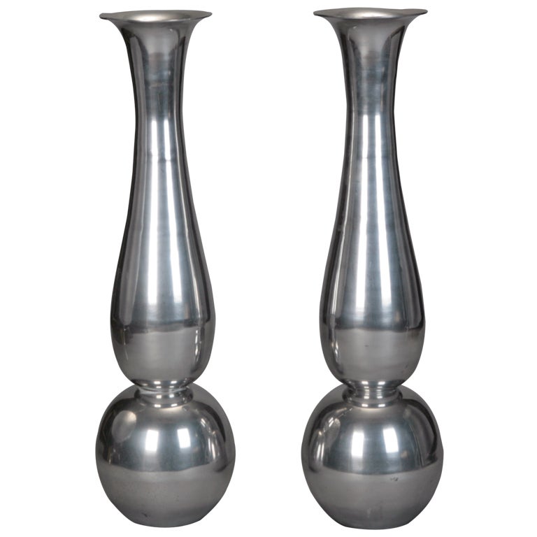 Pair of Mid Century Polished Nickel Floor Vases at 1stDibs