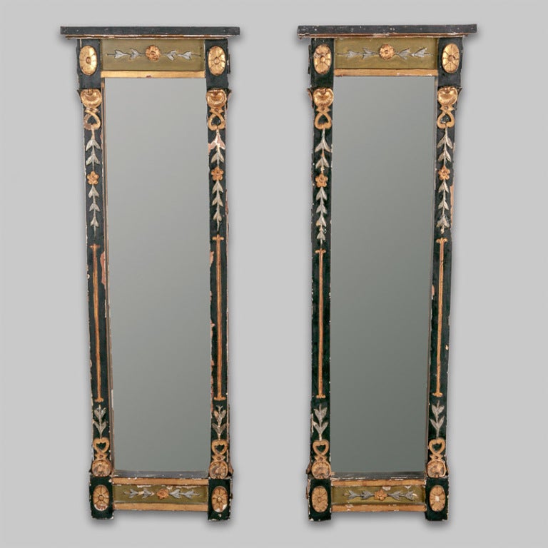 Pair of Narrow Painted and Gilt Empire Style Mirrors