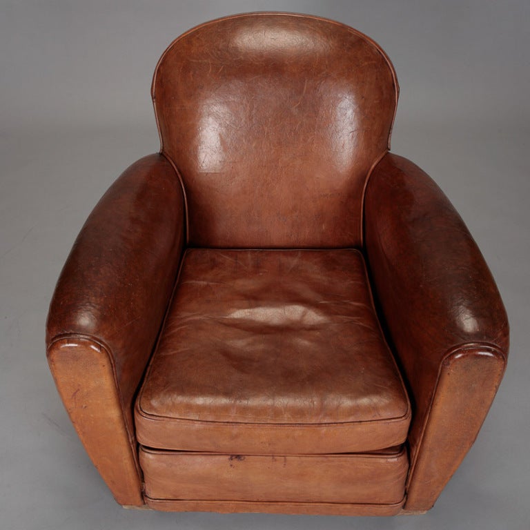 Pair French Art Deco Brown Leather Club Chairs at 1stdibs