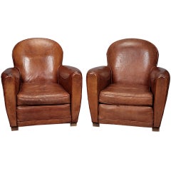Pair French Art Deco Brown Leather Club Chairs