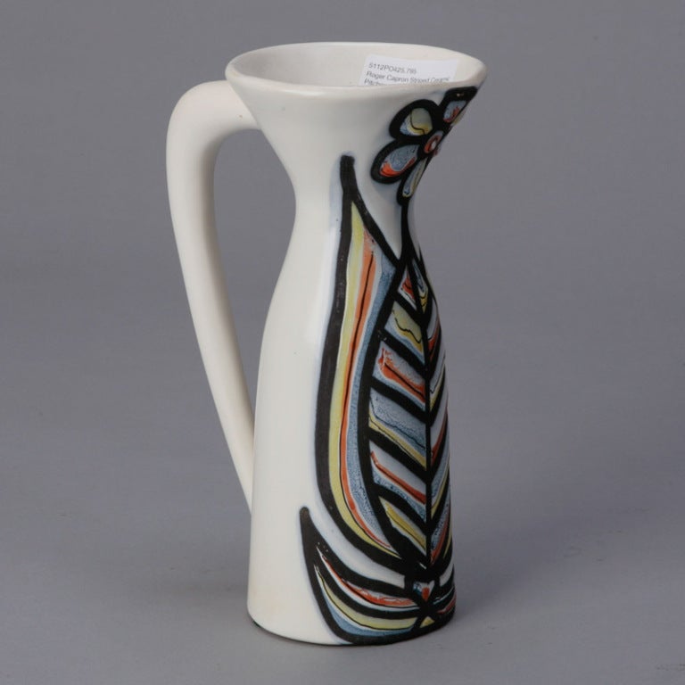 Roger Capron Vallauris Ceramic Pitcher with Flower In Excellent Condition In Troy, MI