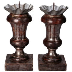 Pair Tall Italian Red and Silver Finial Shaped Pricket Sticks