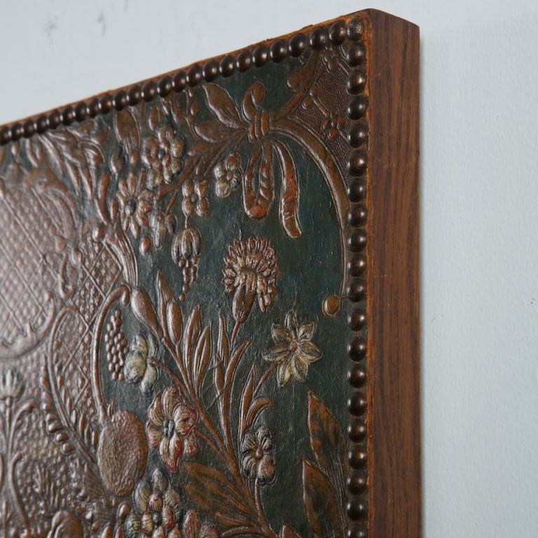 19th Century Pair of Tooled & Painted Leather Panels