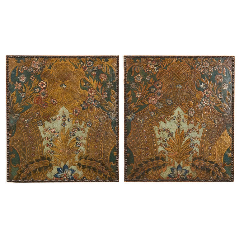 Pair of Tooled & Painted Leather Panels
