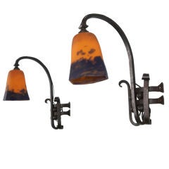 Pair Signed Degue Glass & Iron Art Deco Sconces