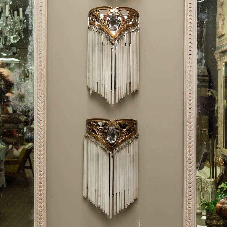 Pair of Art Nouveau Bronze and Crystal Sconces with Suspended Glass Rods In Excellent Condition In Troy, MI