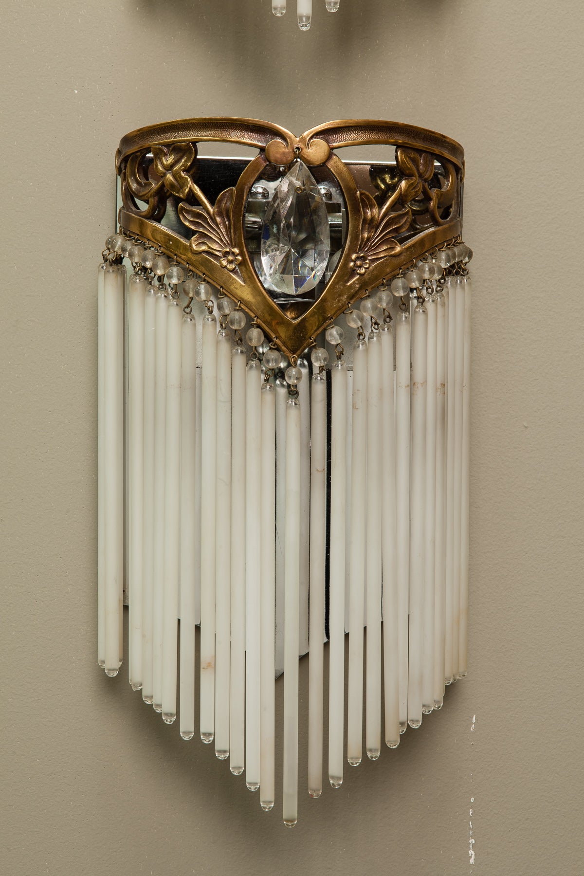 Pair of Art Nouveau Bronze and Crystal Sconces with Suspended Glass Rods