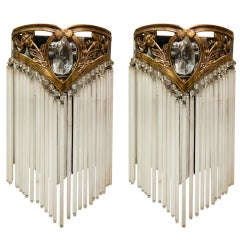Pair of Art Nouveau Bronze and Crystal Sconces with Suspended Glass Rods