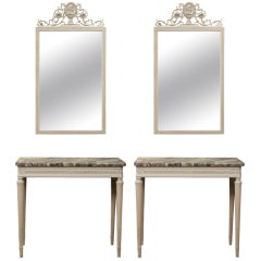 Antique Pair 19th Century Directoire Marble Top Consoles with Matching Mirrors  