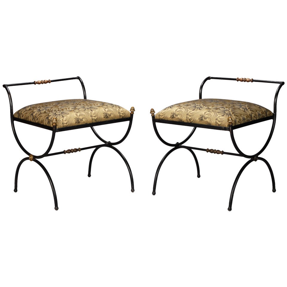 Pair Black Metal Neo Classical Style Stools