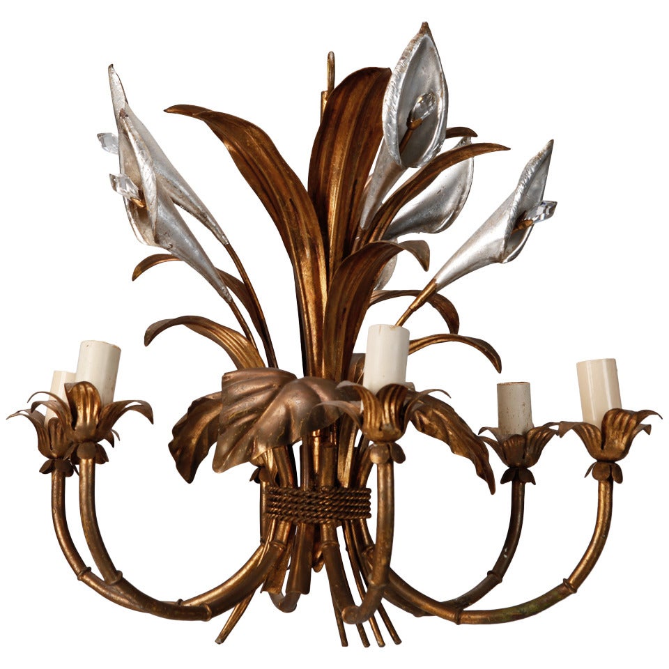 Unusual Italian Tole Chandelier with Calla Lilies and Crystals