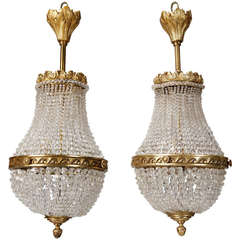 Antique Pair Beaded Empire Style Chandeliers With Brass Fittings