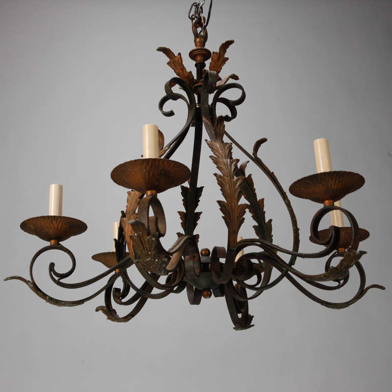 Italian Green and Gilded Iron Six Light Chandelier In Good Condition In Troy, MI