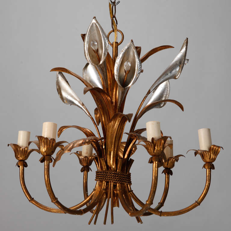 Unusual Italian Tole Chandelier with Calla Lilies and Crystals In Excellent Condition In Troy, MI