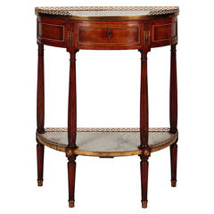 Louis XVI Style Demilune Serving Table with Drawer and White Marble
