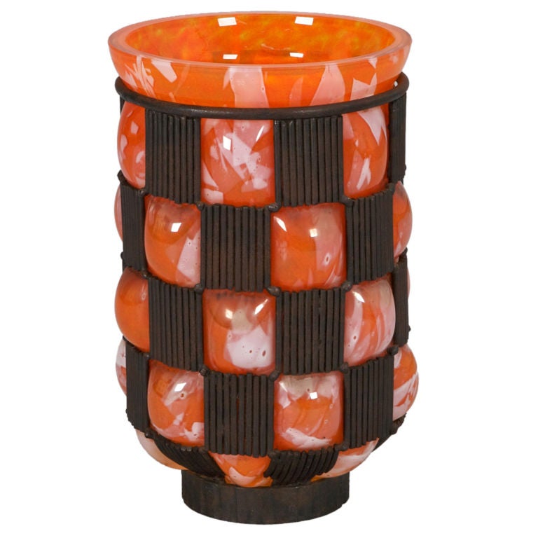 Large Orange Daum Vase with Metal Checker Surround