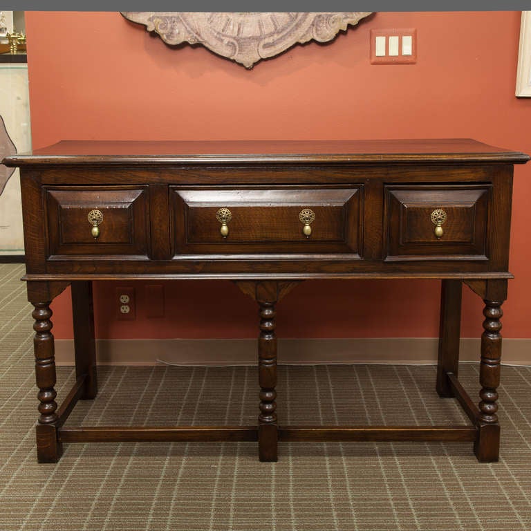 English Dark Walnut Three Drawer Console with Turned Legs